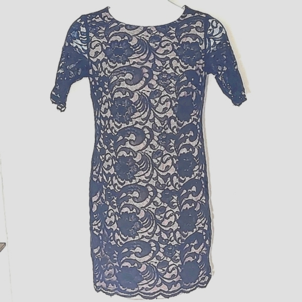 R&K Black Lace Dress Stretch Midi nude lining zipper back crew neck short sleeve - Picture 1 of 5